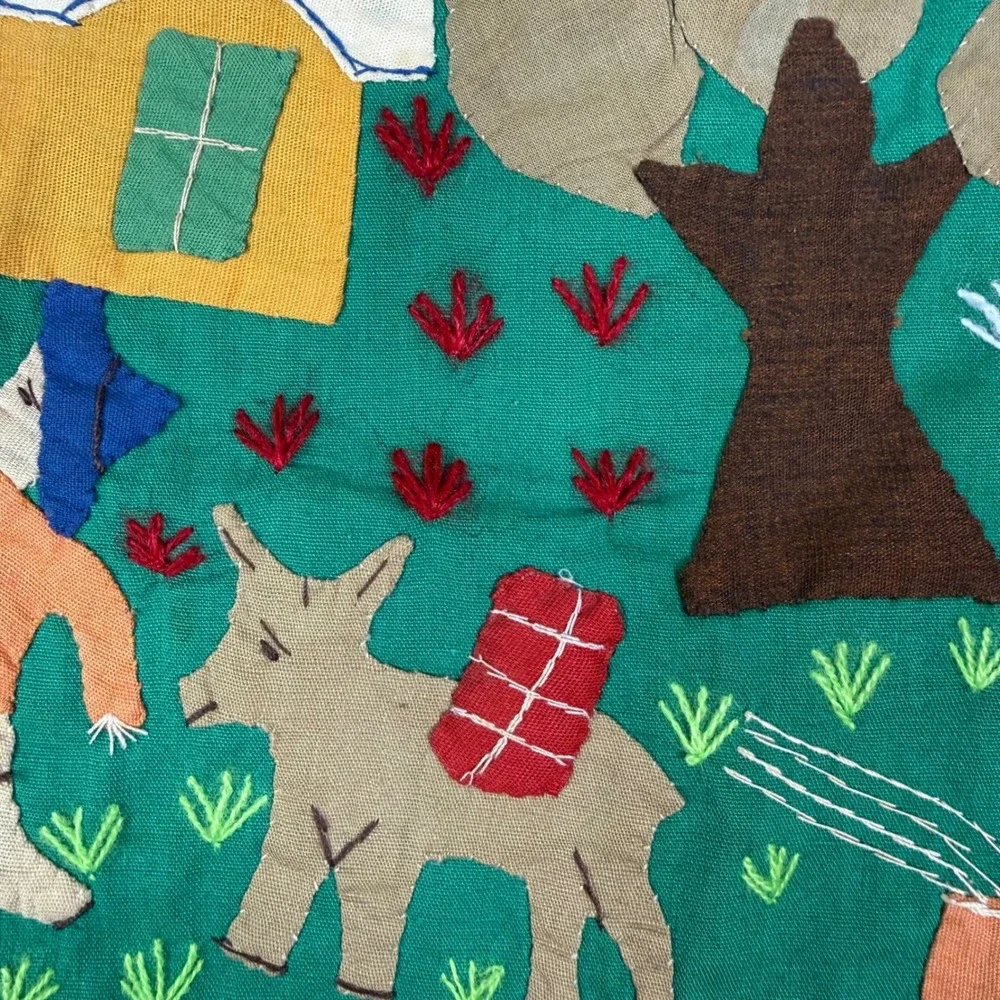 Vintage Peruvian Arpillera Folk Art Wall Hanging Handmade Village Scene 18x14.5
